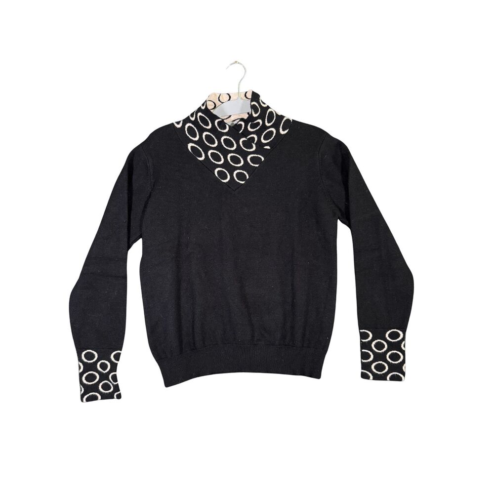 Black V-Neck Sweater Cream Circle Print Collar & Cuffs Womens Small